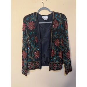 Vintage NiteLine Sequin‎ Beaded Silk Jacket Floral Party Evening Black L